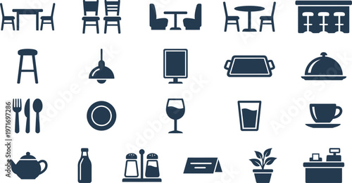A collection of black flat icons representing restaurant furniture and essential dining tableware for modern hospitality businesses