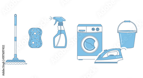 Household Cleaning Tools and Appliances Set.