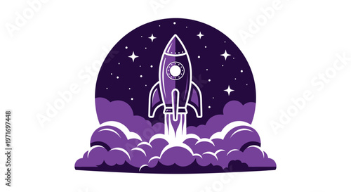Purple rocket ship blasting off into a starry night sky with clouds