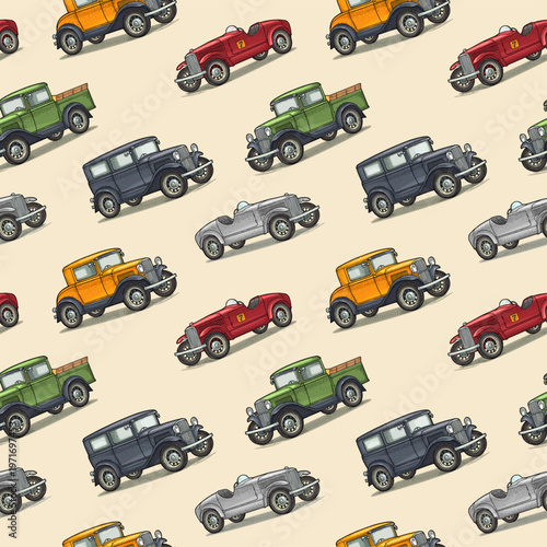 Seamless pattern with retro car sedan, coupe, roadster and pickup truck. Side view. Vintage color engraving illustration. Isolated on white background. Hand drawn design element