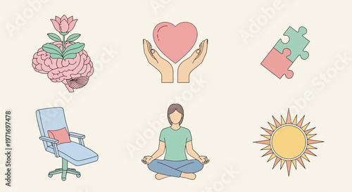 Woman Meditating with Wellness and Happiness Symbols.