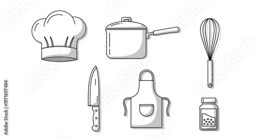 Kitchen Utensils and Chef Hat Illustration.