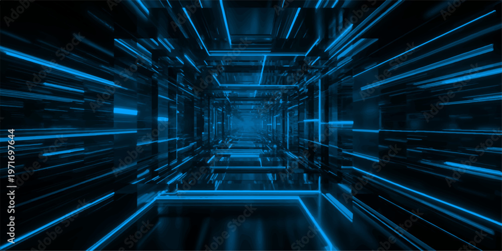 Fototapeta premium Abstract blue technology tunnel background featuring a futuristic 3d digital pattern with a glowing square design and tech data light for a virtual business wallpaper backdrop