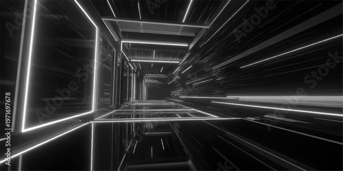 A futuristic 3d illustration of a long glass office corridor creates an abstract blue tunnel of light with architectural lines and perspective design for modern business technology backgrounds