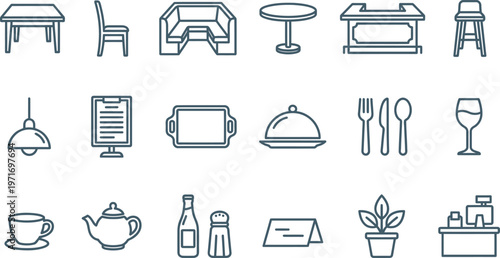 A comprehensive collection of thin line icons representing essential restaurant furniture dining equipment and cafe service accessories
