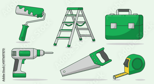 Collection of Green Construction Tools Equipment.