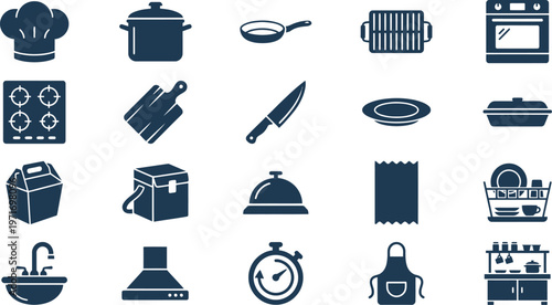 A comprehensive collection of dark blue flat vector icons representing various kitchen utensils, cooking equipment, and food preparation tools.