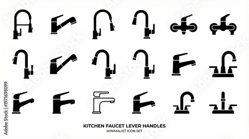 Minimalist faucet silhouettes, modern spout, curved design, traditional dual handles, sensor-activated model, black-and-white comparison illustration.