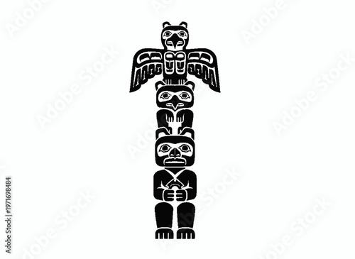 Native American Totem: A striking black and white representation of a totem pole, deeply rooted in the art and culture, standing tall.