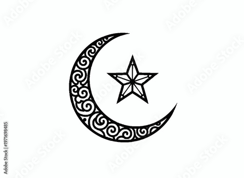 Symbolic Harmony: A detailed crescent moon and star intertwine in a minimalist display, exuding elegance and symbolic depth. The interplay of these celestial forms hints at themes of faith.