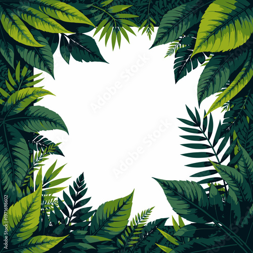 Lush Tropical Foliage Border with Vibrant Green Leaves on a White Background for Nature-Themed Designs and Creative Projects
