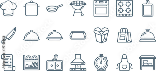 Set of thin line vector icons representing various professional kitchen equipment and culinary tools for modern cooking