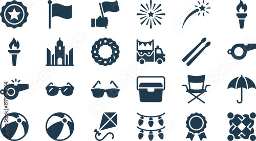 A diverse collection of celebration, event, summer, and holiday-themed icons for various festive occasions.