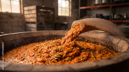 Chili peppers mash filling large wooden barrel for fermentation