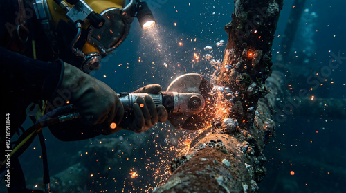 Commercial diver cutting underwater metal pipeline with sparks