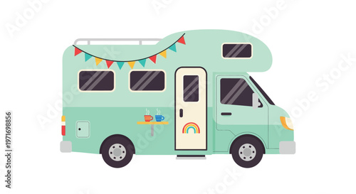 Colorful camper van with rainbow door and bunting on a plain white background illustration