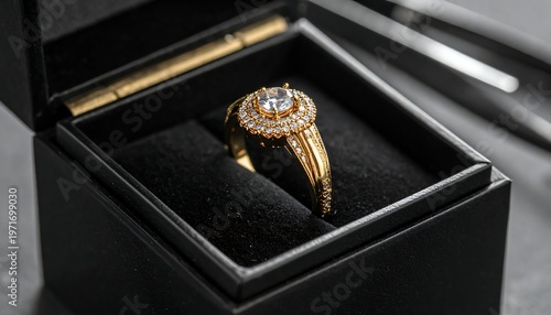 Elegant Gold Ring in a Black Jewelry Box.