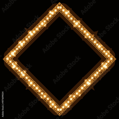Sparkling Diamond-Shaped Frame with Glowing Bulbs Set Against a Dark Background Creating a Glamorous, Illuminated Effect