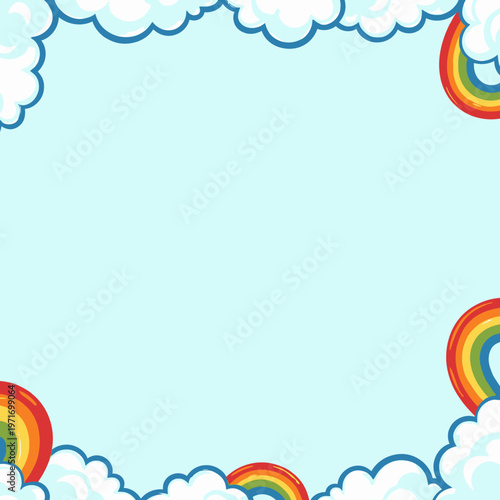Whimsical Digital Artwork Featuring Vibrant Rainbows and Fluffy White Clouds Against a Serene Blue Sky, Creating a Dreamlike and Playful Atmosphere