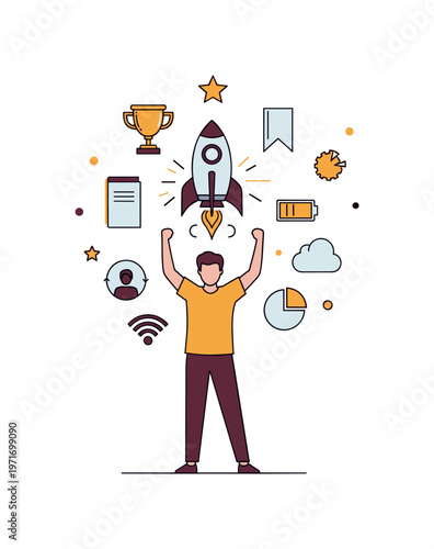 Successful startup launch with diverse business icons and a triumphant person