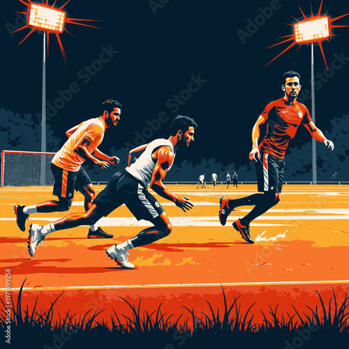 Dynamic Evening Soccer Training Session with Diverse Players Under Bright Stadium Lights on Vibrant Orange Turf