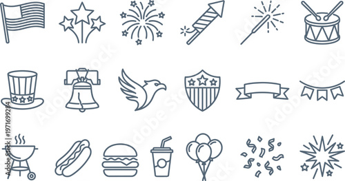 A comprehensive collection of patriotic American celebration and independence day line icons.