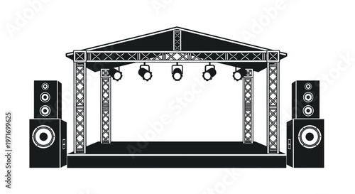 Black and white illustration of a stage with speakers and spotlights for live performances
