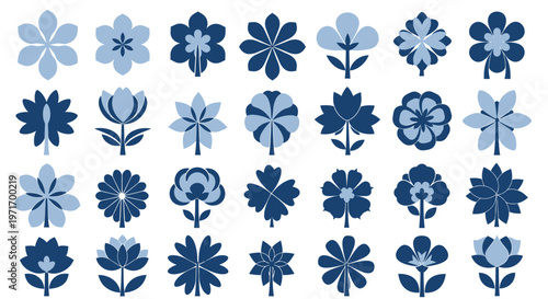 Blue floral designs in various shades and styles for creative projects and vector illustrations