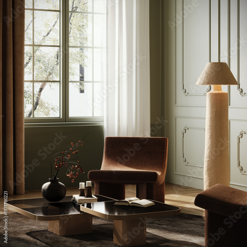 Modern interior design. Living room. Contemporary home interior. 3D Rendering, 3D Illustration