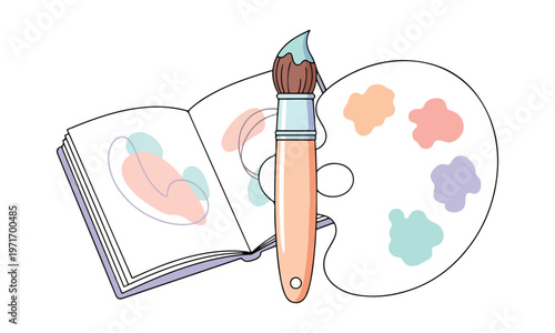 An open sketchbook lies next to a paint palette and paintbrush representing artistic inspiration high quality
