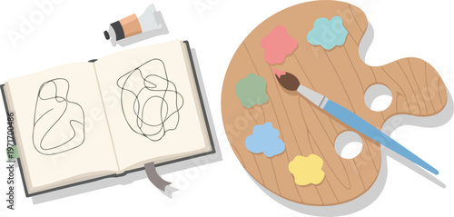 An open sketchbook with a preliminary drawing lies beside a wooden artist s palette and brush