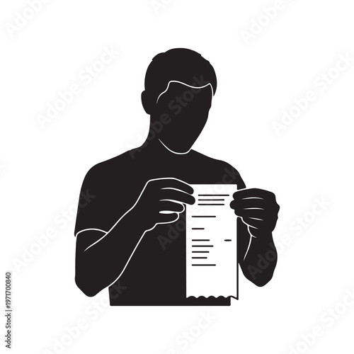 Silhouette of a man holding a document representing concepts of reading information or a receipt isolated on a white background