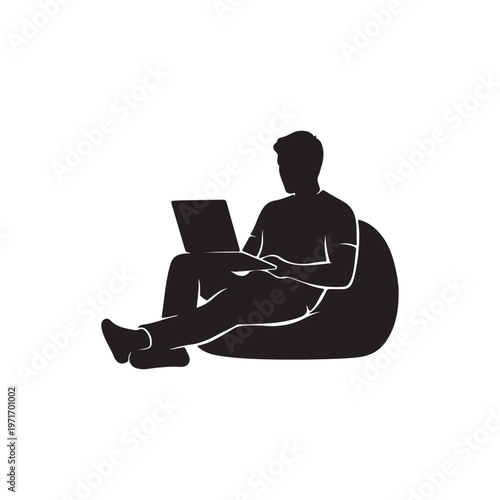 Silhouette of a person sitting on a bean bag chair using a laptop representing remote work and digital lifestyle isolated on white background