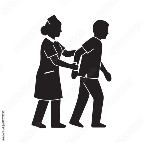 Nurse assisting patient walking silhouette icon representing healthcare medical support and elderly care isolated on white