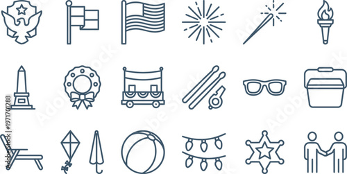 A comprehensive collection of patriotic celebration and summer recreation outline icons, perfect for web and print design projects.