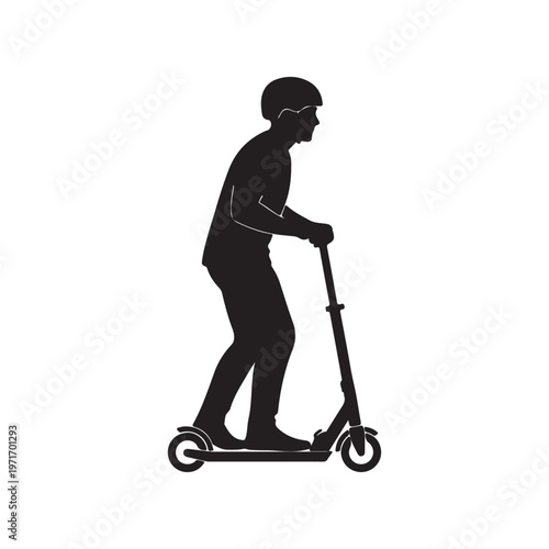 Silhouette of a person riding a kick scooter minimalist vector illustration for urban mobility and outdoor activity concepts isolated on white