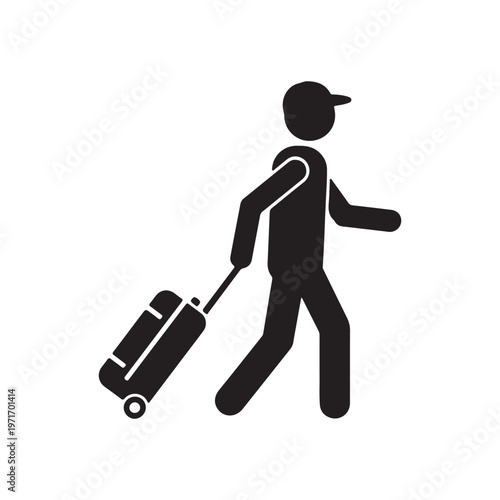 Silhouette of a person with a suitcase walking icon for travel and vacation concepts simple flat design on white background