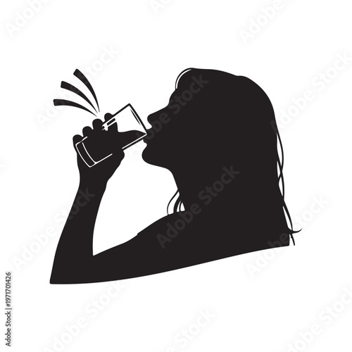 Silhouette of a woman drinking water from a glass representing hydration and healthy lifestyle isolated on white background