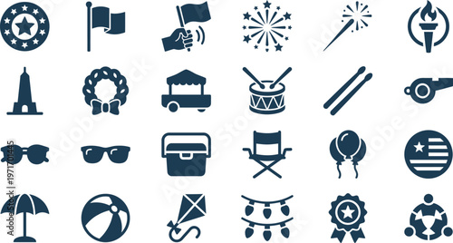A comprehensive set of dark blue vector icons for national holidays, festive events, and summer recreation.