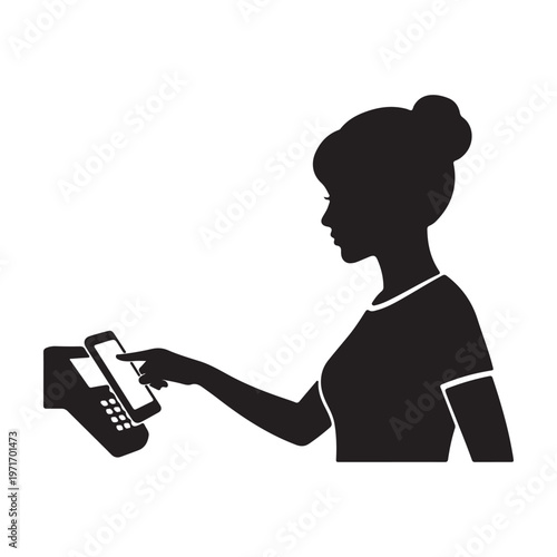 Woman making contactless payment with smartphone at credit card terminal silhouette vector illustration for finance and technology concepts