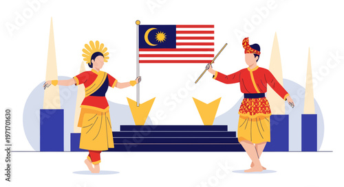 Traditional Malaysian dancers performing ceremonial dance with Malaysian flag backdrop in vibrant cultural celebration