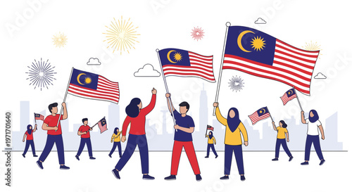 Diverse group celebrating Malaysia Independence Day with national flags and festive decorations