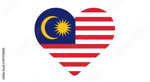 Malaysia flag heart shape with crescent moon and star symbol on white background