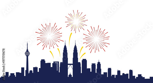 Vibrant fireworks display over modern city skyline at dusk with iconic landmarks