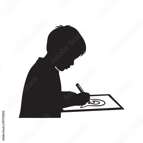 Silhouette of a child drawing on paper with a pencil representing creativity and education isolated on a white background