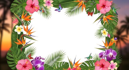 Colorful Tropical Floral Frame with Sunset Background