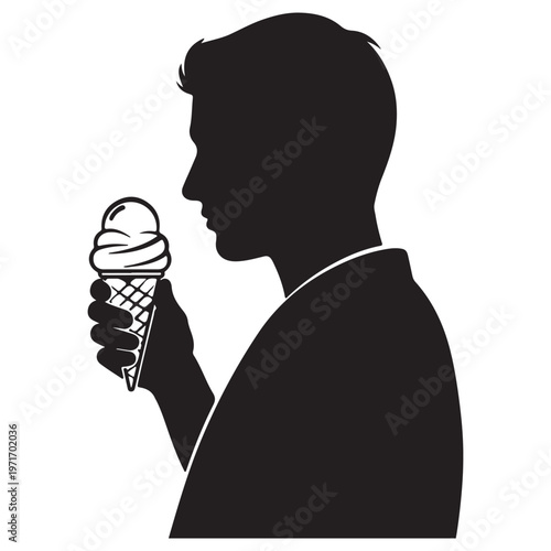 Silhouette of a man holding an ice cream cone simple vector illustration for summer concepts and food enjoyment isolated on white