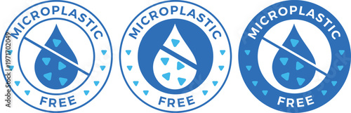 Set of three blue and white 'MICROPLASTIC FREE' vector labels with water drop icons, isolated.