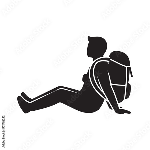 Silhouette of a person with a backpack sitting down simple vector illustration for travel and outdoor adventure concepts isolated on white