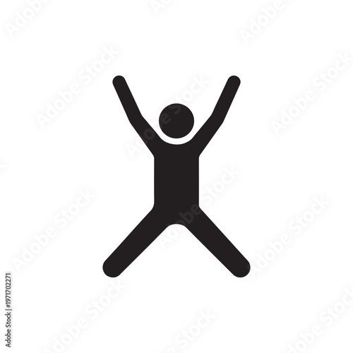 Joyful stick figure jumping with arms raised celebrating success or happiness simple black vector icon isolated on white